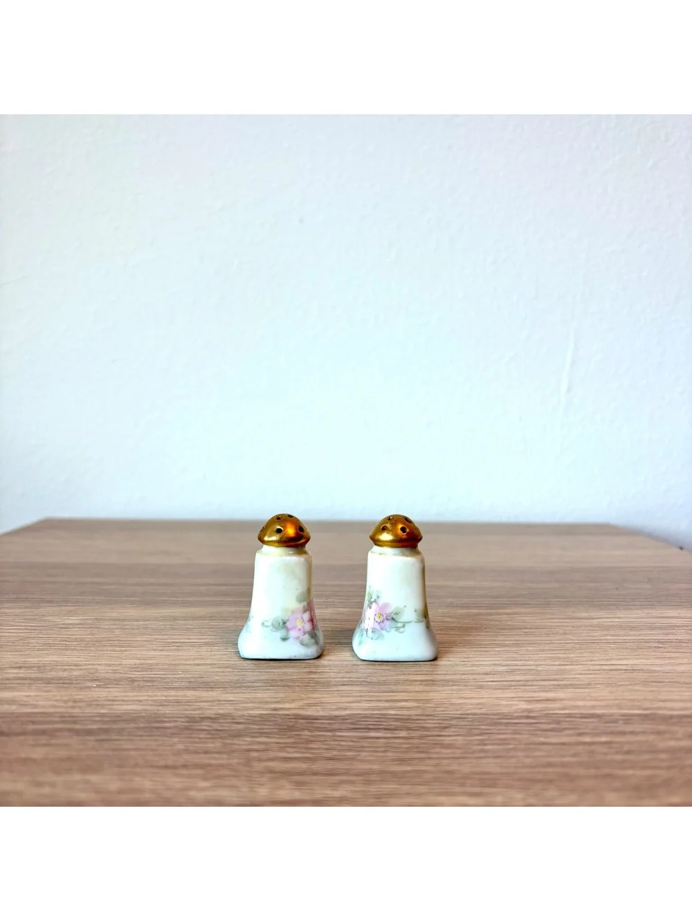 Vintage Floral Porcelain Salt & Pepper Shakers Gold Tone Tops, Hand Painted